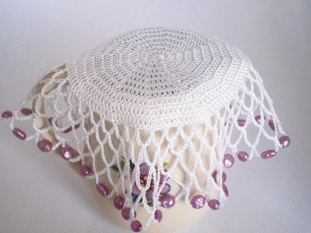 White Crochet Beaded Jug Cover With Pink Beads Beaded Glass