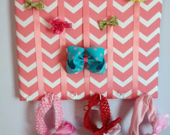 Hair Bow Holder Small-Medium-Large Coral Pink/White Chevron Padded Hair Bow Organizer with Hooks for Headbands