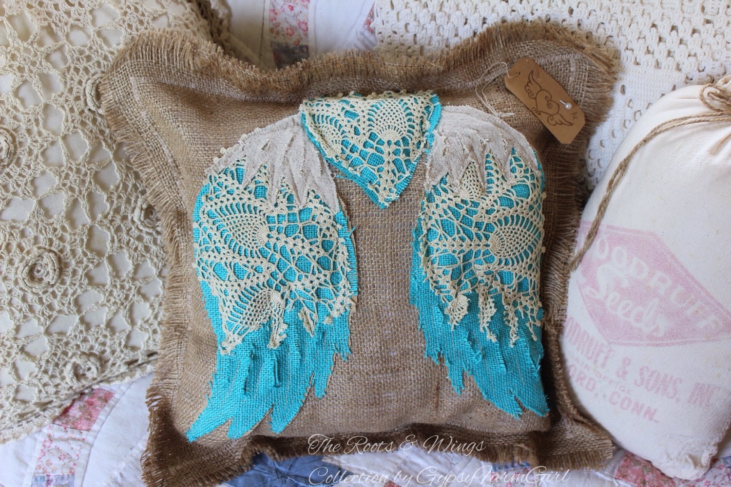 Burlap Pillow with a Heart with Wings in aqua by GypsyFarmGirl