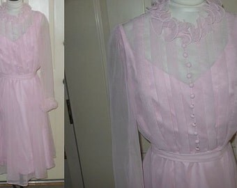 1960s Vintage Miss Elliette Pink Chiffon Party Dress S M
