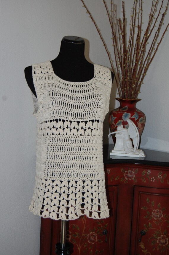 Crochet Top Cream Cotton/Viscose/Linen size Large