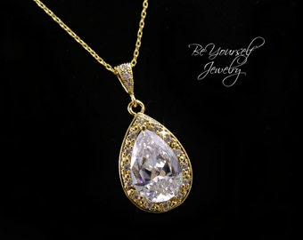Gold Bridal Necklace Wedding Jewelry Cubic Zirconia Bride Necklace White Crystal Teardrop Pendant CZ Wedding Necklace Gold Bridesmaid Gift