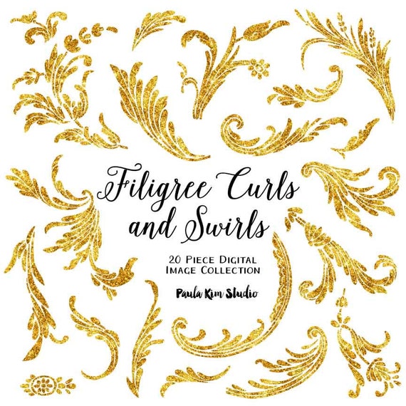 Filigree Feather Flourishes Gold Glitter Clipart Wedding Il 570xn