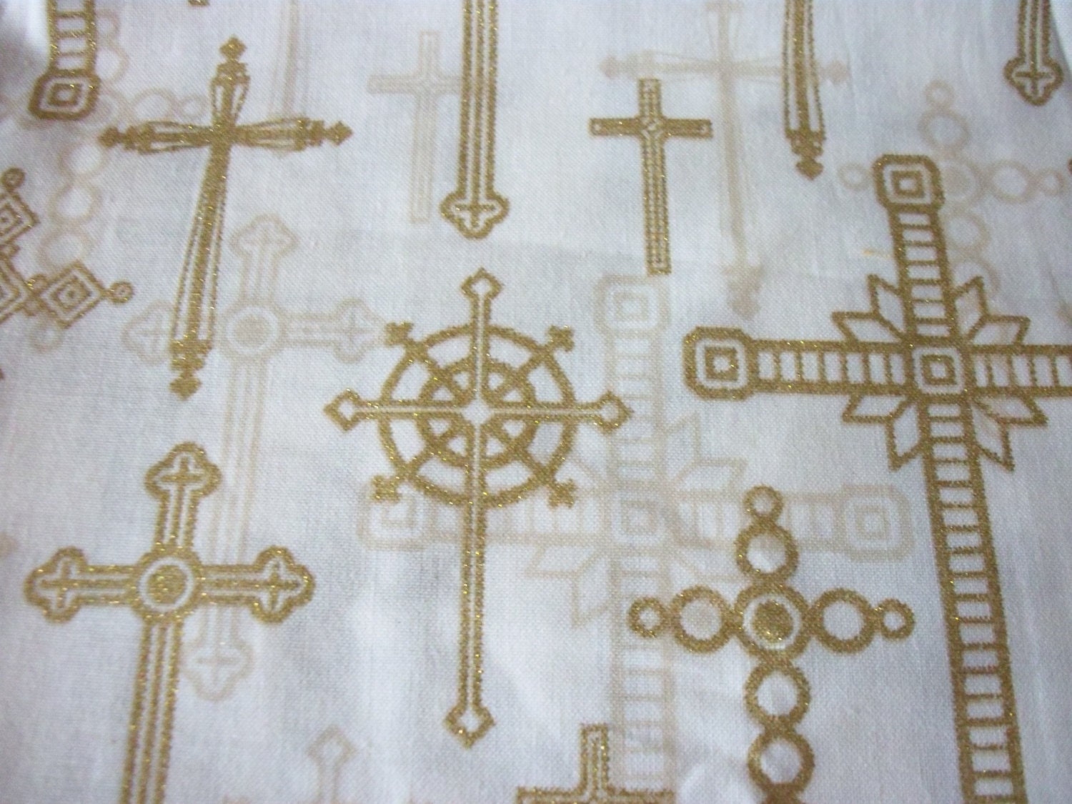 Metallic Gold Crosses Fabric Christian Religious Cream