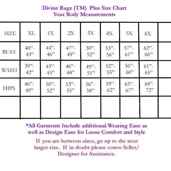 Plus Size Chart XL 1X 2X 3X 4X 5X 6X Divine Ragz TM by DivineRagz