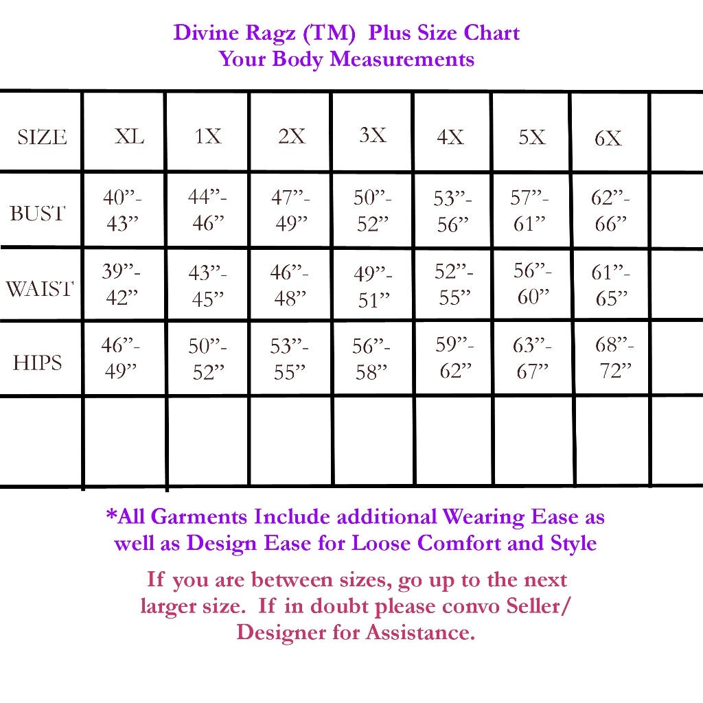 Plus Size Chart XL 1X 2X 3X 4X 5X 6X Divine Ragz TM by DivineRagz