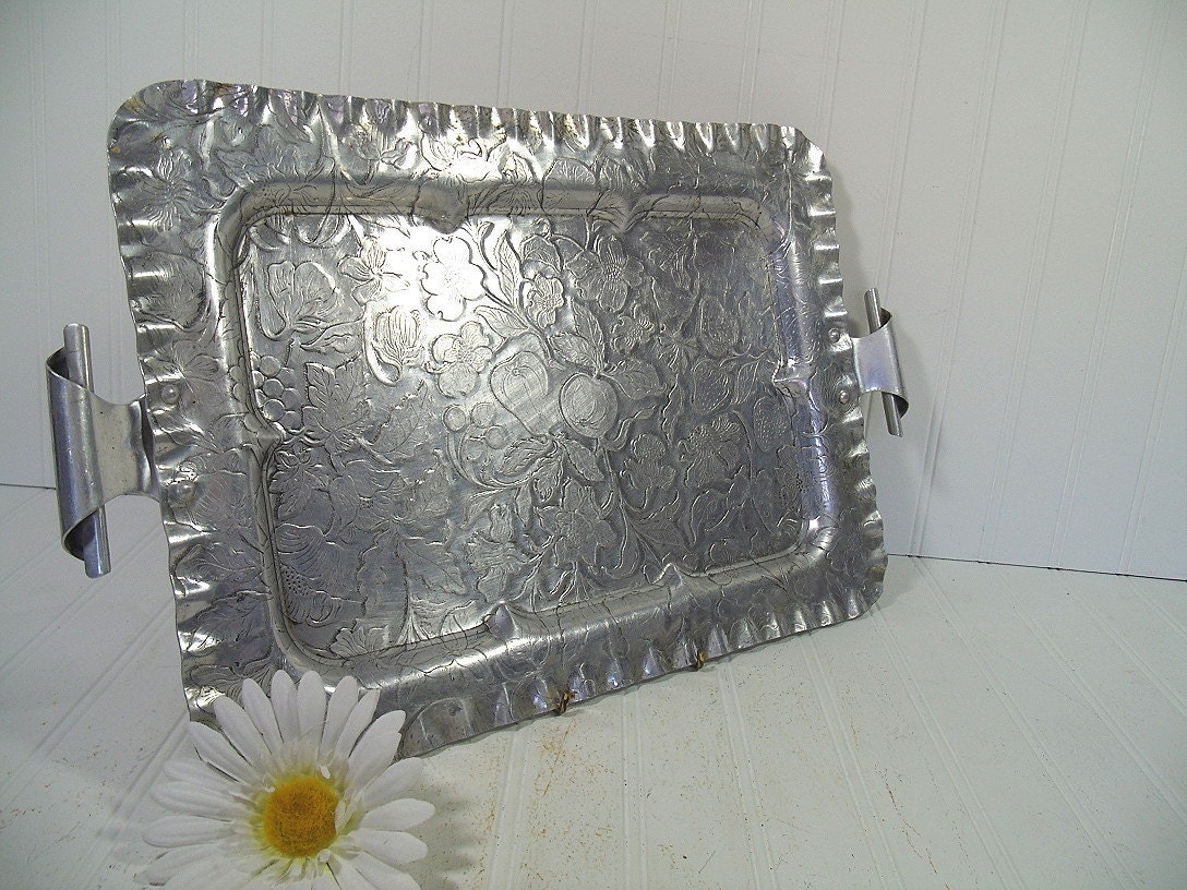 Vintage Hand Aluminum Metal Oversized Serving Tray with Scroll