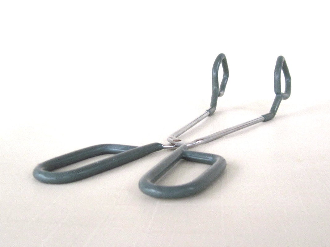 Metal Tongs Rubber Handle Grips Angled Blue Gray Long Made in