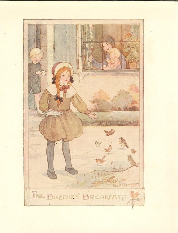 Vintage 1920's Anne Anderson Childrens Print Girl Red Hair In Plaits Feeding Birds Mother And Baby Watch  Book Plate Book Illustration