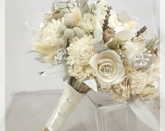 Dried & Preserved Flower Wedding Bouquet - alternative bridal bouquets - gem cream white sola gray lavender brunia - SILVER ICE COLLECTION