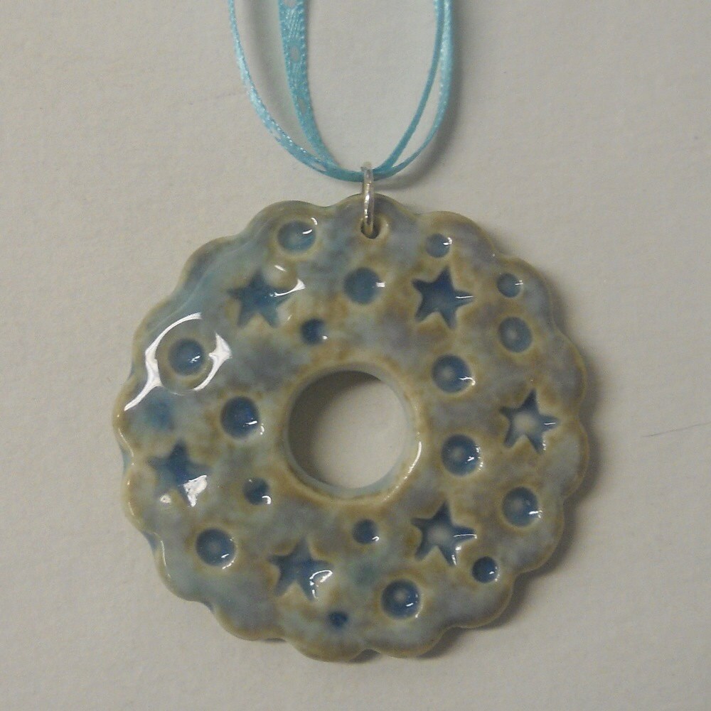 Small Clay Star Wreath Tree Ornament - Light Blue