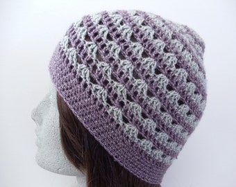 Purple and Silver Striped Crochet Hat Lavender with Grey Crochet Beanie (HAT103 Purple Topaz/Platinum)