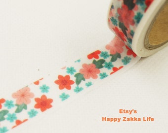 Japanese Washi Masking Tape - Red Pink and Blue Blooms - 7.6 Yards