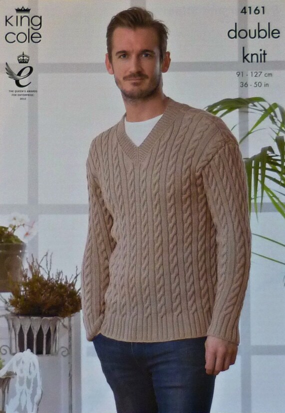 Mens Knitting Pattern K4161 Mens Long Sleeve V-Neck Cable