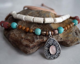 Boho Stone Necklace, Rose Quartz, Sterling Pendant, Turquoise, Turquoise & Lava Stone Collar Necklace