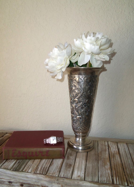 Vintage Embossed Silver Metal Tall Vase