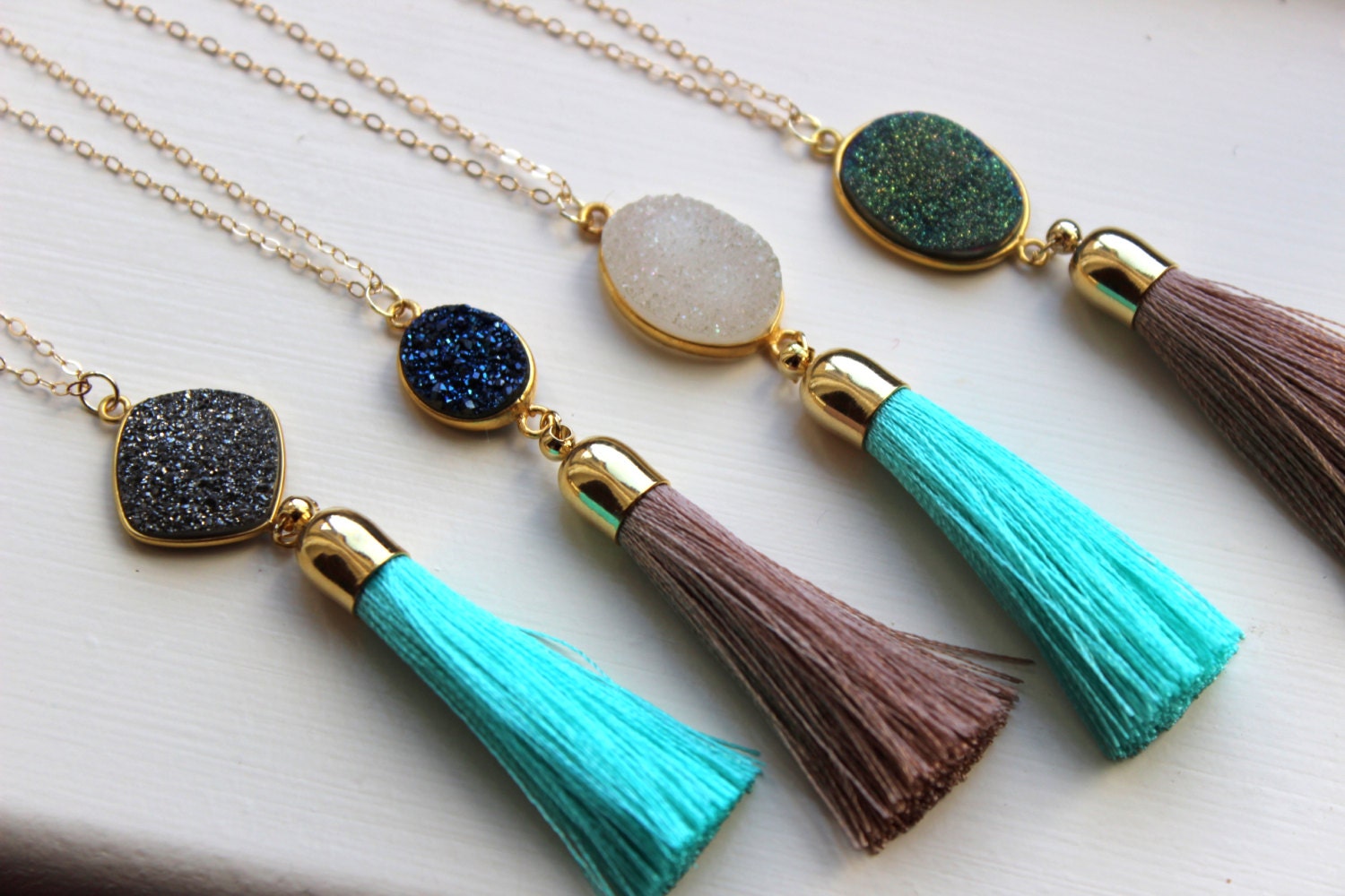 Gold Tassel Necklace Druzy Necklace Fringe Necklace Tassel