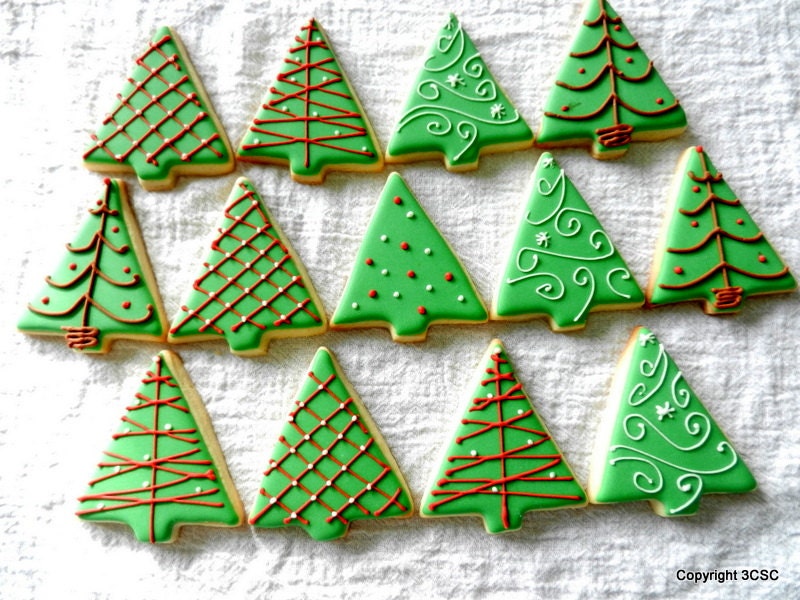 Small Christmas Tree cookies Hand decorated holiday sugar