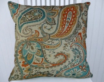 Orange Blue Paisley Pillow Cover- 18x18 or 20x20 or 22x22 Decorative Throw Pillow Cover- Accent Pillow Cover