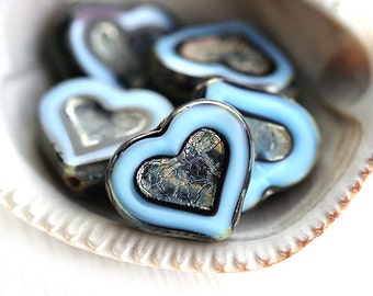 Dark Blue Heart beads, Picasso beads, czech glass, table cut, blue glass heart - 14mm - 6Pc - 0208
