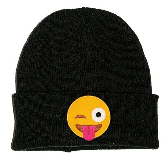 Items similar to Wink Tongue Smiley Face Emoji Black Beanie Hat ...