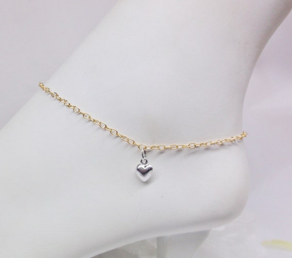 Solid 14k Gold Anklet Silver Heart Anklet 14kt Gold Chain