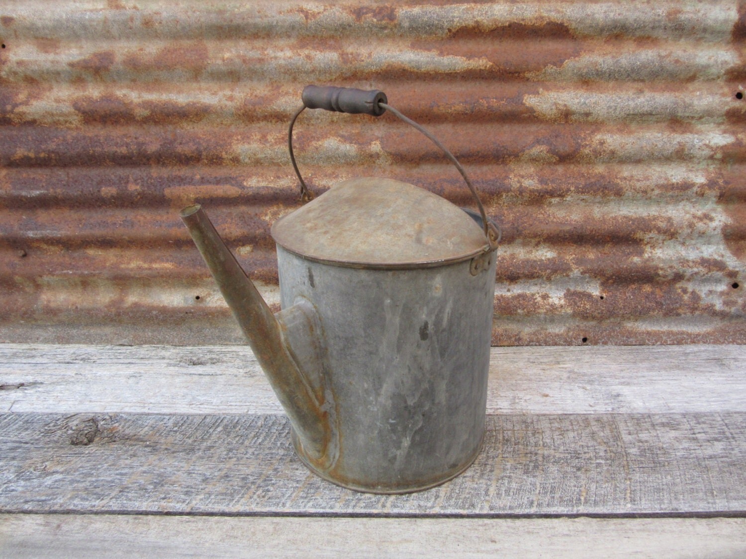Antique Metal Galvanized Watering Can Wood Handle Automotive