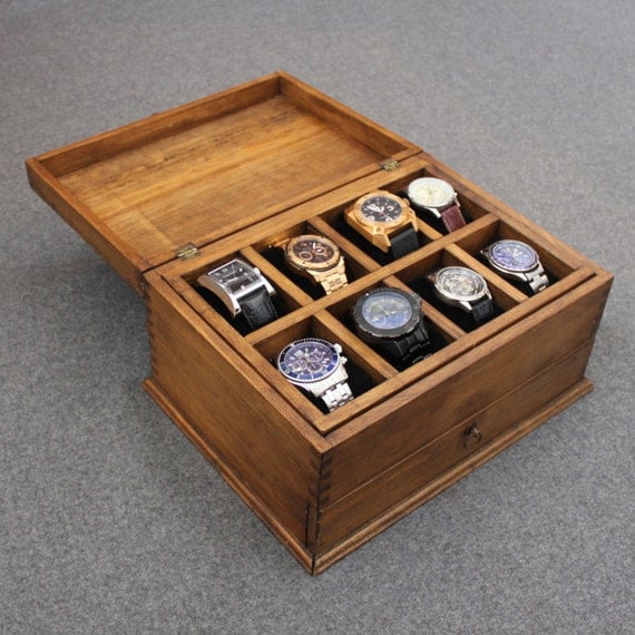 Personalized Rustic Men's Watch Box for 8 watches and drawer - New ...