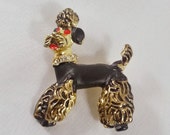 Vintage Black Poodle Brooch Gold Tone Enameled Rhinestone Collar