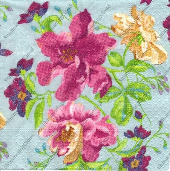 Floral napkins Decoupage Napkins painting mint pink