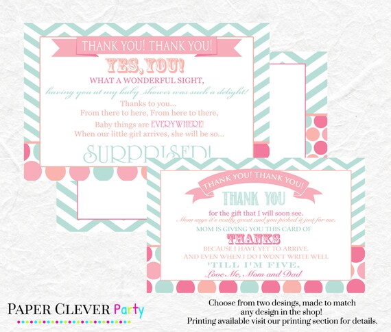 Shabby chic girls baby shower thank you card -- girls postcard thank you mint, coral and pink Il_570xn
