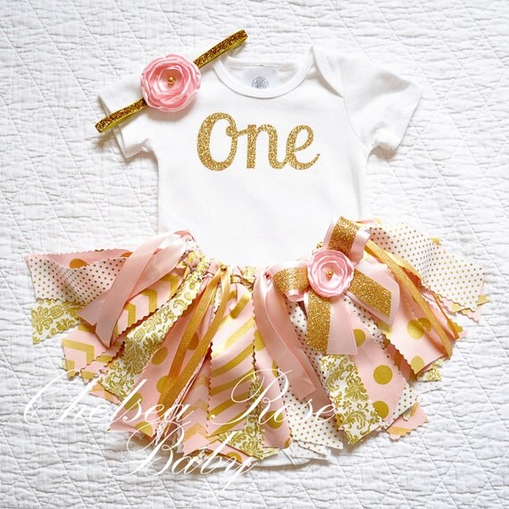 Items similar to Pink and Gold Fabric tutu outfit First Birthday tutu