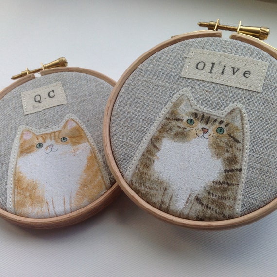 Personalised pet cat portrait - painted cat hoop art - made to order