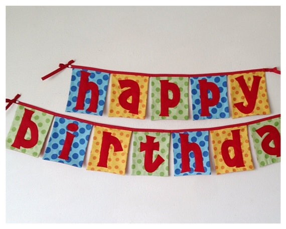 Fabric Happy Birthday Banner: Blue Green And Yellow Polka