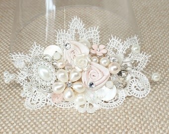 Bridal Hair Accessory- Bridal Hairpiece- Wedding Hair Accessories-Pale Pink Bridal Comb- Pink Wedding Comb-Statement Hairpiece- Brass Boheme