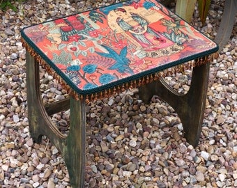 Frida Kahlo Upcycled Small Retro Table with Glossy Top & Beading