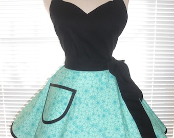 Fifties Style Sweetheart Retro Apron Aqua and Light Teal Blue and Black Circular Flirty Skirt