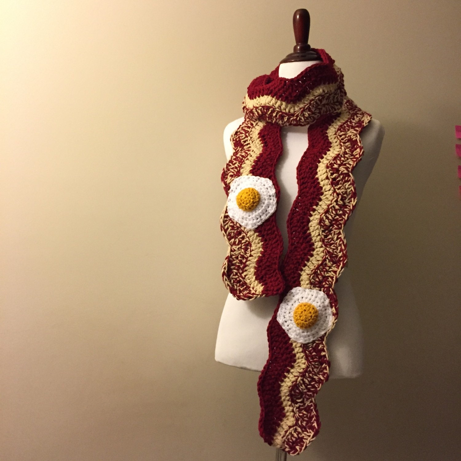 Bacon and eggs crochet scarf food scarf handmade unique