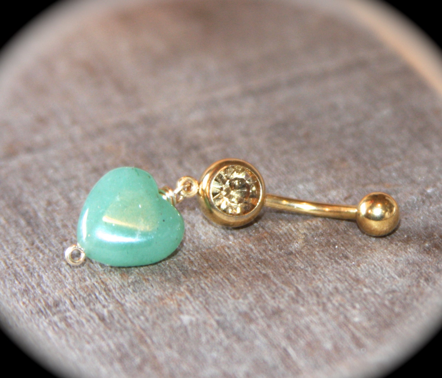 Belly Button Ring Gold Heart Green Jade and Clear Crystal