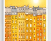 Yellow facade - Paris illustration Art Print Poster Home decor Wall decor Gift ideas for her Modern Living room decor Paris houses Cityscape