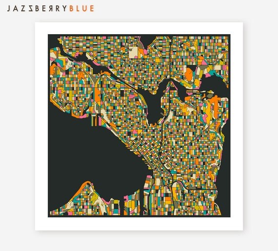 SEATTLE Map Giclee Fine Art Print Modern Wall Art by JazzberryBlue