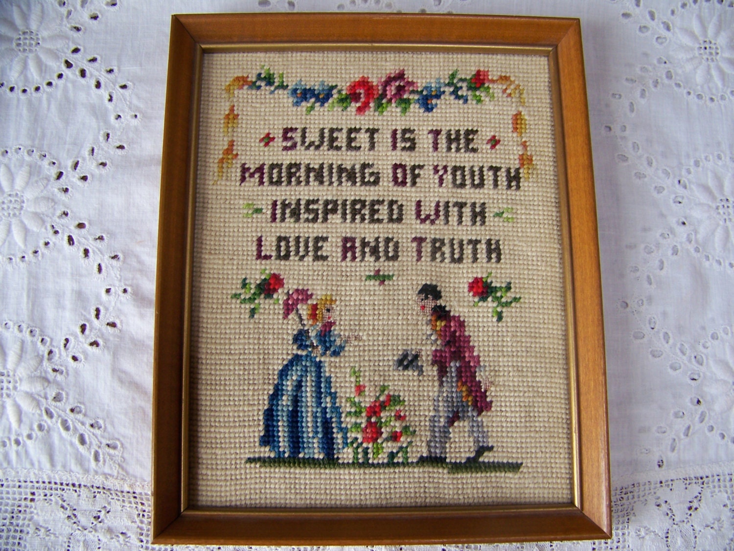 Vintage Wooden Framed Sampler. Vintage Needlepoint Sampler.