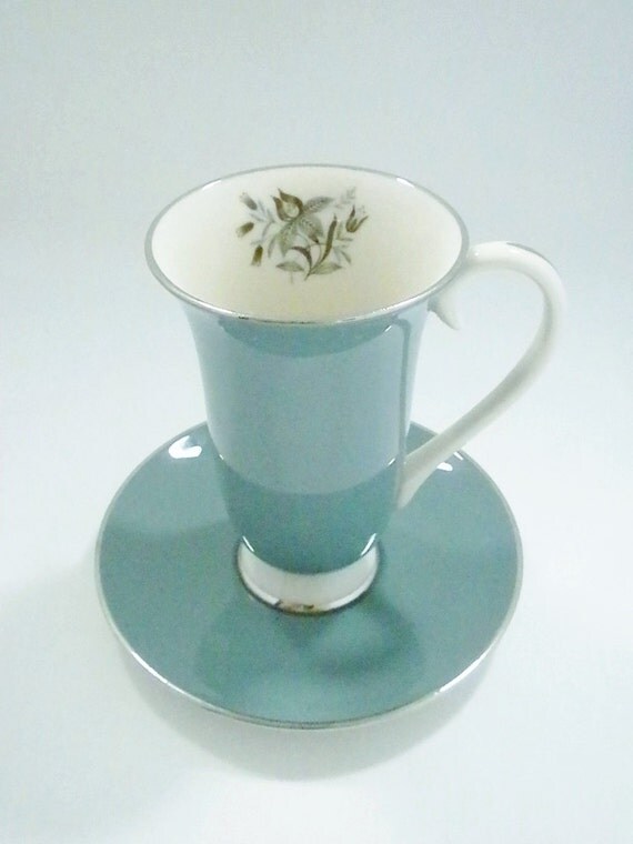Tall Tea Cup and Saucer Teal Tea Cup Flintridge by oldandnew8
