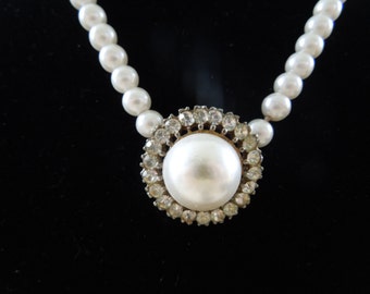 Vintage Pearl Necklace, Central Feature of Large Faux Pearl Surrounded by Rhinestones. Nice