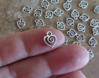 24 Mini SWIRL HEART CHARMS Very Small Love Valentine Hearts Atq Silver Tone Charm Jewelry Please Read Item Details 9.5x8.5 mm