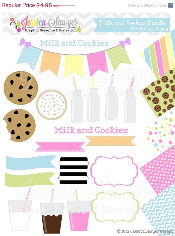 80% OFF - INSTANT DOWNLOAD, milk and cookie clipart and digital paper for commercial use, party supply, invitations, and web design Il_570xn