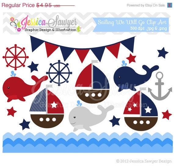 80% OFF - INSTANT DOWNLOAD, sailing clip art, whale clipart, sail boat, nautical graphic, commercial use for invitations, announcements, de Il_570xn
