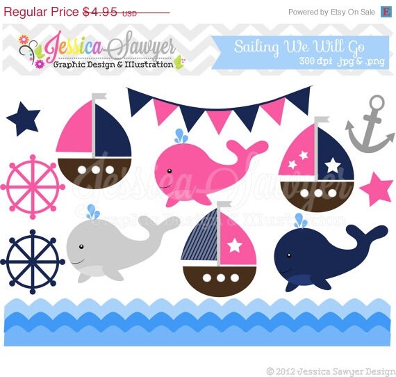 80% OFF - INSTANT DOWNLOAD, baby girl sailing clip art, whale clipart, sail boat, nautical graphic, commercial use for invitations, announc Il_570xn