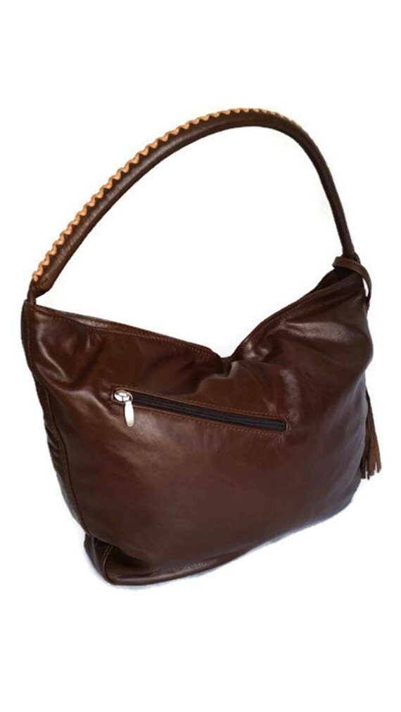 Brown hobo purse smooth genuine leather bag medium by Fgalaze