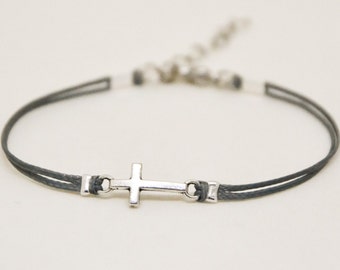 Confirmation gift, cross bracelet, girl bracelet with silver cross charm, christian catholic jewelry, gray cord, gift for sister or daughter